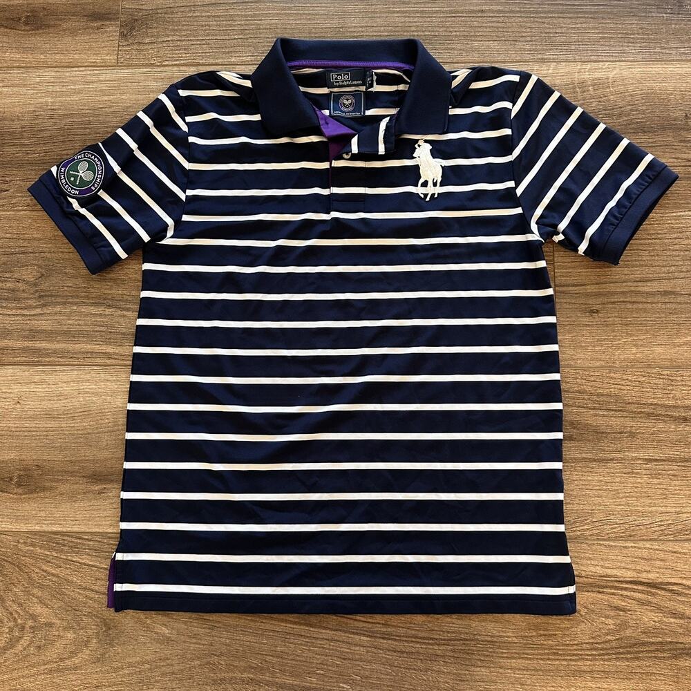 Polo Ralph Lauren Wimbledon Navy Striped Ball Boy Polo Shirt Kid's L 14-16